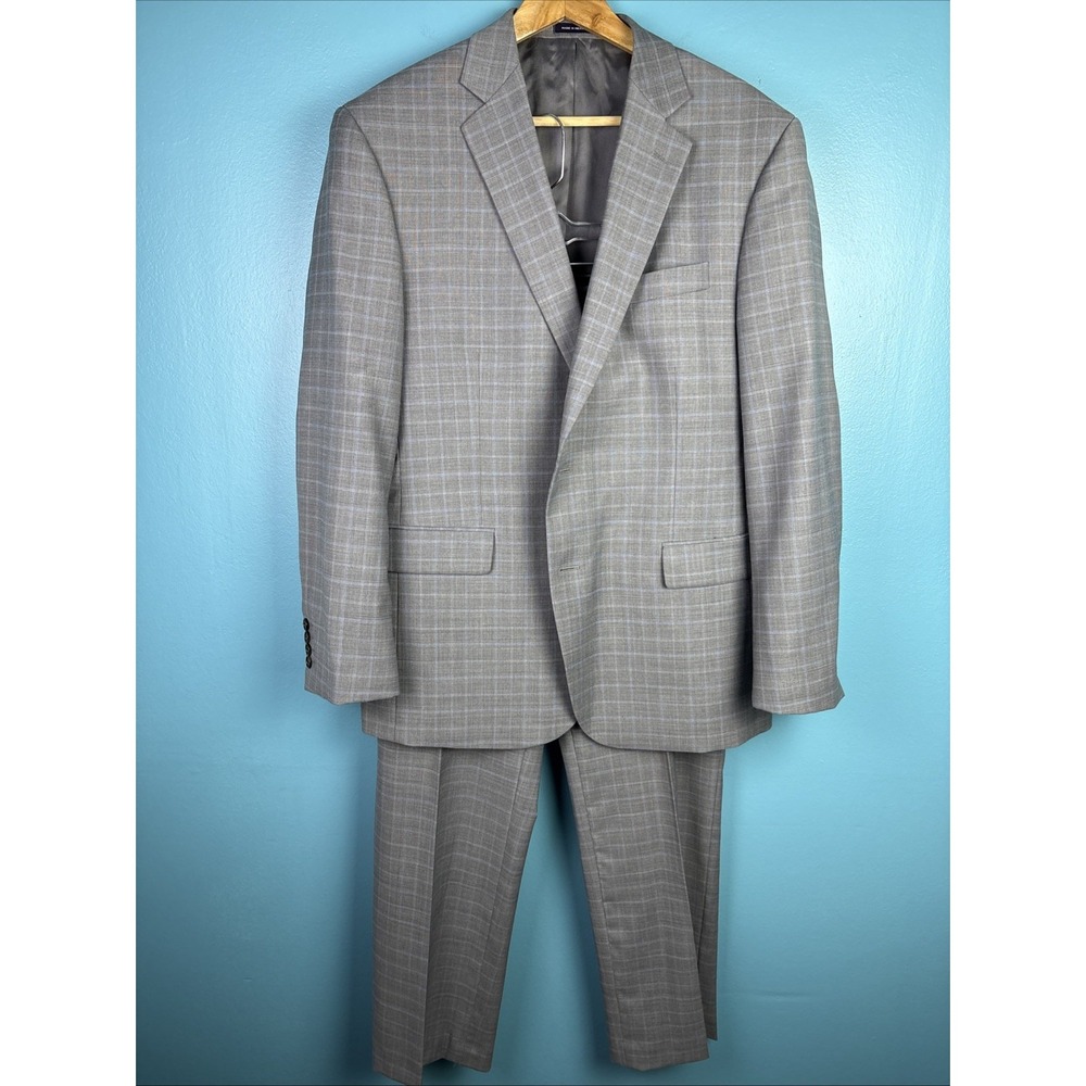 Stafford 2-Pcs Gray Wool Blend Plaid Check Jacket Blazer Sz 44R Pants 36x30